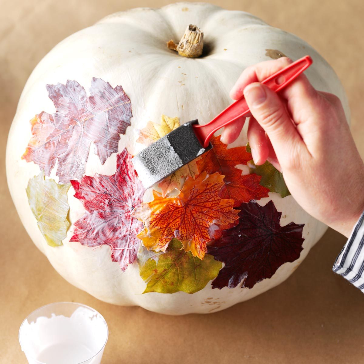 decopage leaf on pumpkin