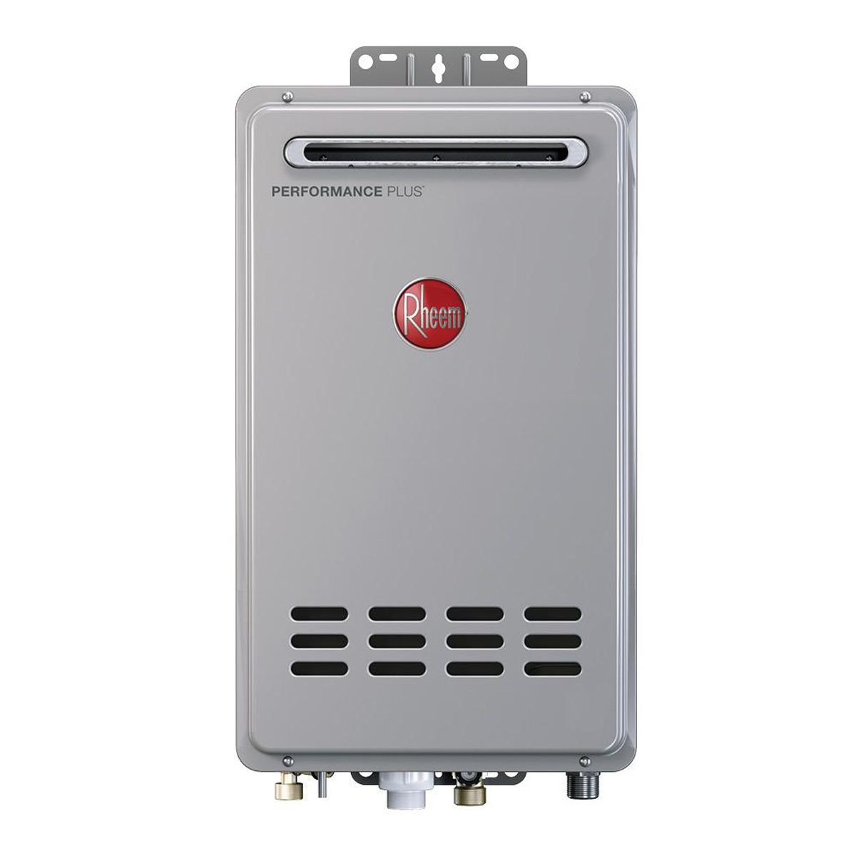 A gray tankless water heater is mounted on a wall, featuring a logo and ventilation openings, designed for efficient water heating in residential settings.
