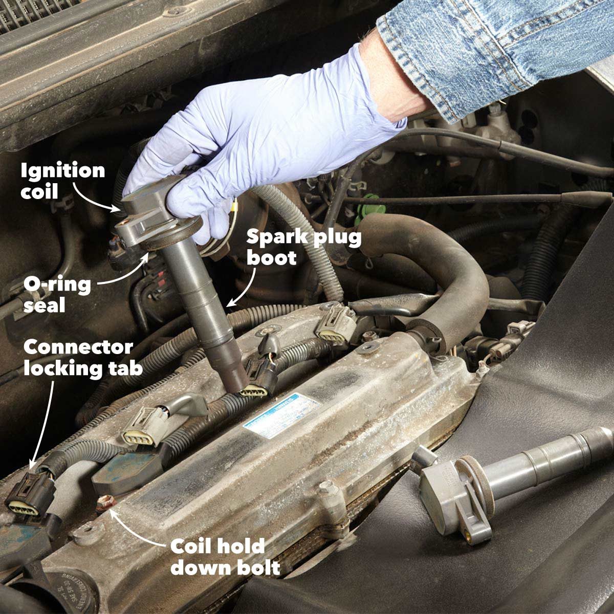 A gloved hand holds an ignition coil above an engine, preparing to install it, with various components labeled in a garage environment.