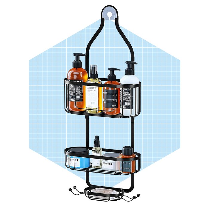 A hanging black metal shower caddy holds various bottles of shampoo, conditioner, and lotion against a light blue background, organized on two tiers.