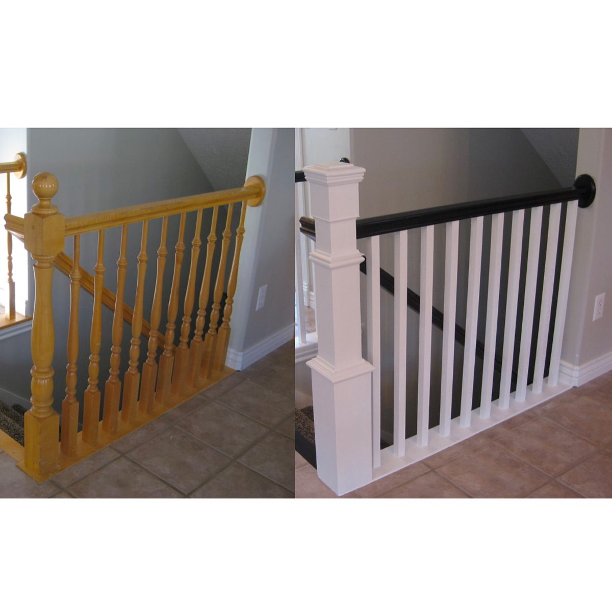 Two stair railings are shown side by side: one is wooden and yellow, while the other is modern with white and black finishes, set against neutral walls.