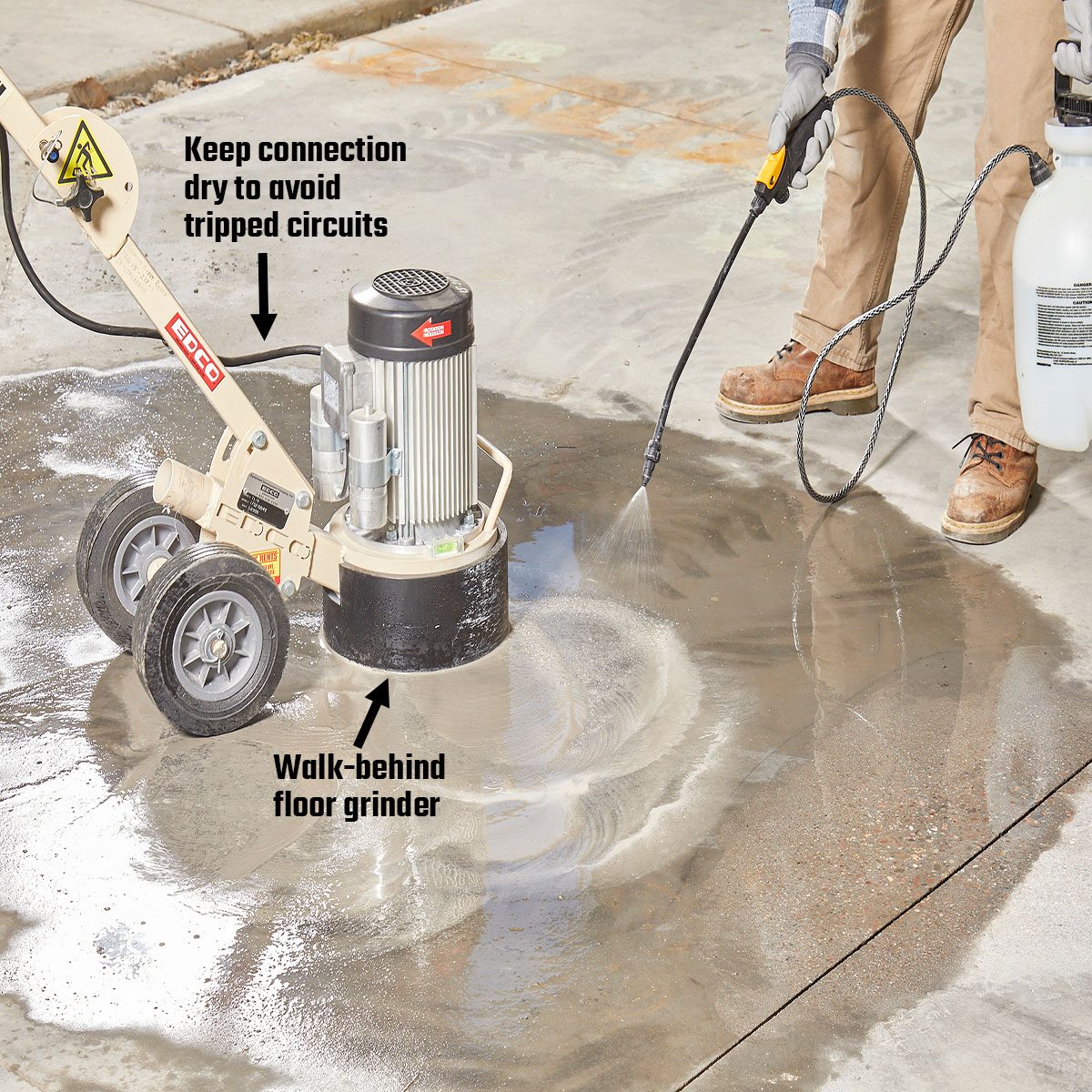 A walk-behind floor grinder operates on a wet concrete surface while a person sprays water, ensuring proper maintenance in a construction environment.