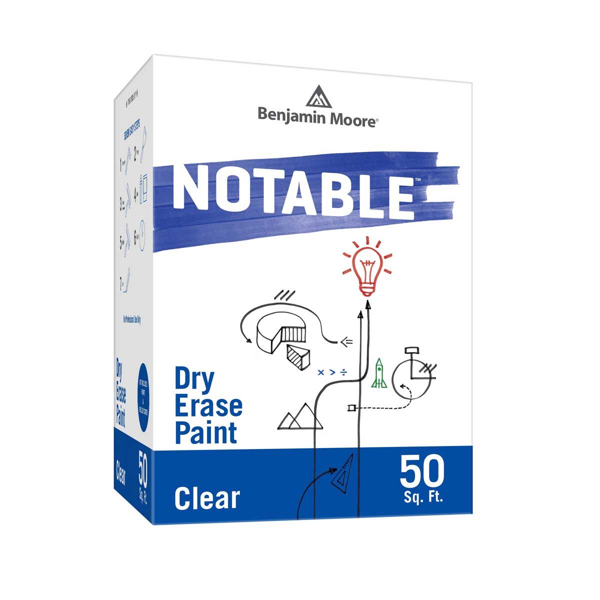A box of clear dry erase paint labeled "Notable" from Benjamin Moore is illustrated with doodles, featuring a lightbulb, geometric shapes, and mathematical symbols.