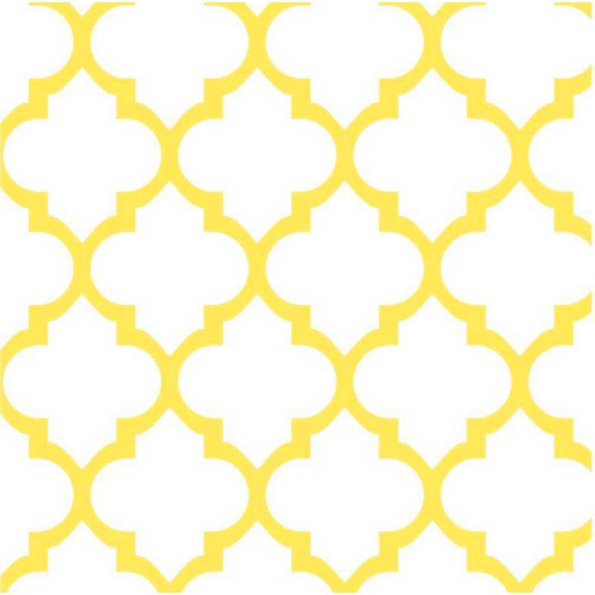 A repeating pattern of yellow geometric shapes resembling arches overlays a white background, creating a vibrant design ideal for textile or wallpaper use.
