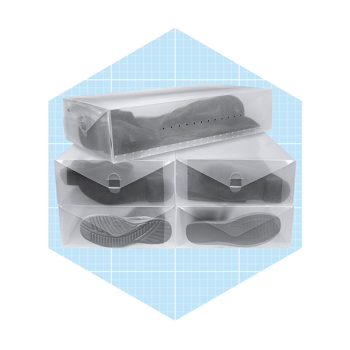Transparent shoe storage boxes are stacked, holding various types of shoes, against a light blue grid background.