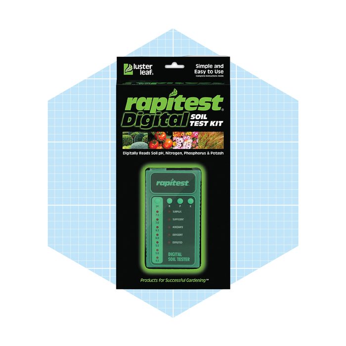 A green digital soil tester displays readings for pH, nitrogen, phosphorus, and potassium, set against a blue geometric background with gardening images.