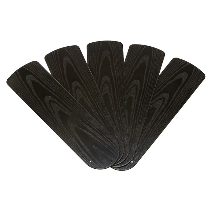 Five black wooden paddle-shaped objects are arranged in a fan-like formation, showcasing their smooth, patterned surfaces. They are set against a white background.