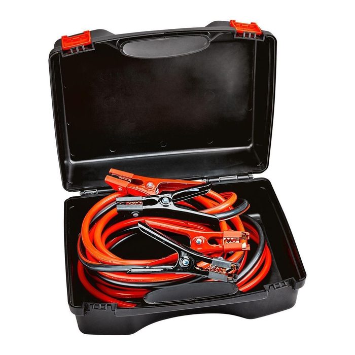 A set of jumper cables is coiled neatly inside a black plastic storage case, ready for use in boosting a vehicle's battery.