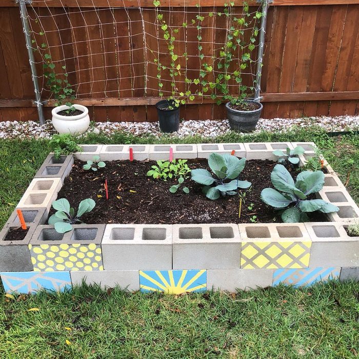 A rectangular garden bed made of cinder blocks contains various vegetables. Colorful markers indicate plant types in a grassy backyard with a wooden fence.