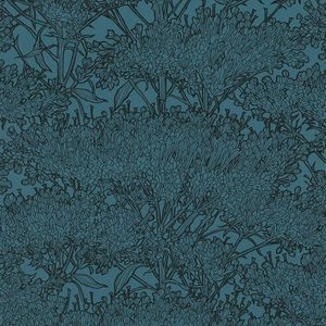 Dense floral patterns in dark outlines cover a teal background, creating an intricate design that resembles foliage and wildflowers in a stylized manner.