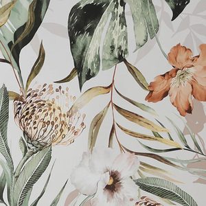 A floral pattern features vibrant leaves and flowers, showcasing various colors and shapes against a light background, creating a fresh, botanical atmosphere.
