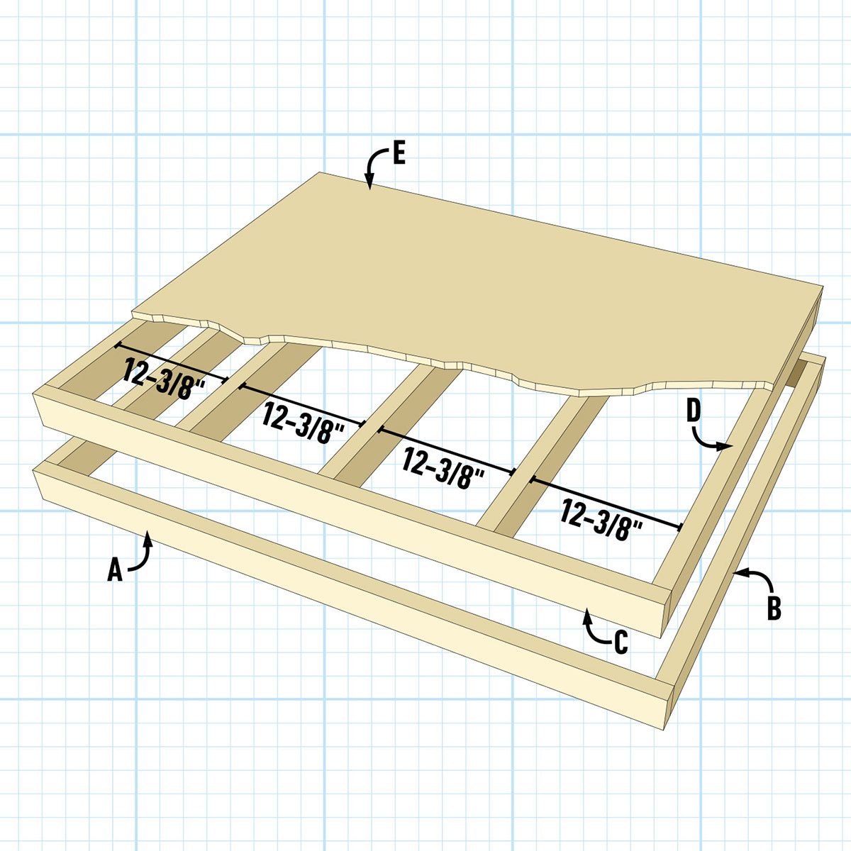 A wooden frame supports a cut top panel, with measurements labeled. Grid lines provide a structured background for clarity in design.