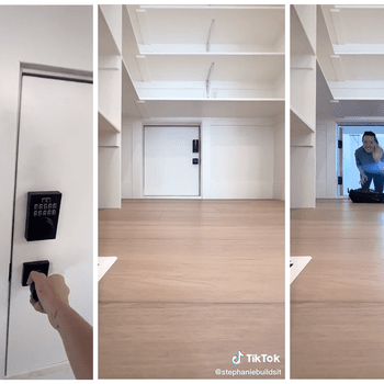 A hand opens a keypad-locked door, revealing a bright room with wooden flooring; a person enters, smiling and carrying a bag.
