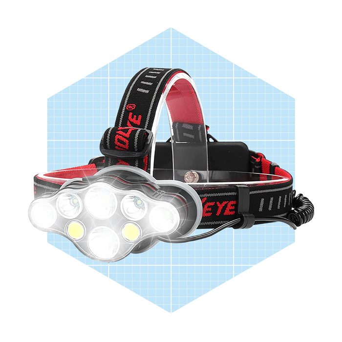 A multi-LED headlamp with an adjustable strap is positioned against a grid-patterned background, designed for hands-free illumination in dark environments.
