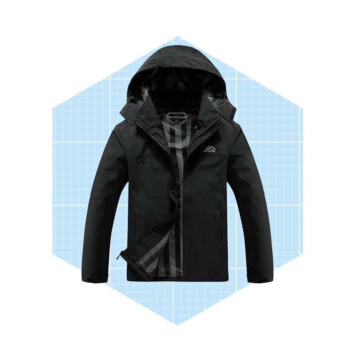 A black hooded jacket is displayed, unzipped partially, with a geometric blue background. The interior features a striped pattern, suggesting a stylish, functional design.