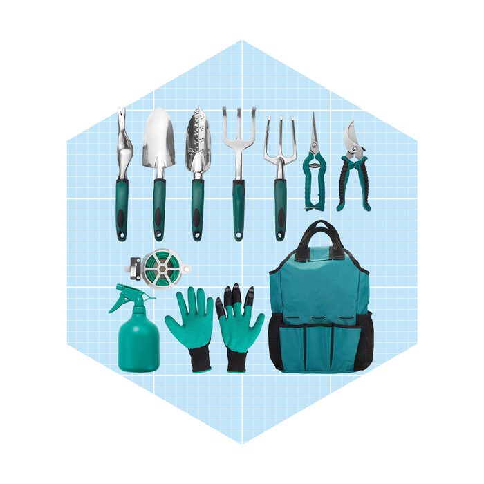 Gardening tools, including shovels, gloves, and a spray bottle, are arranged neatly against a light blue grid background, emphasizing gardening preparations.