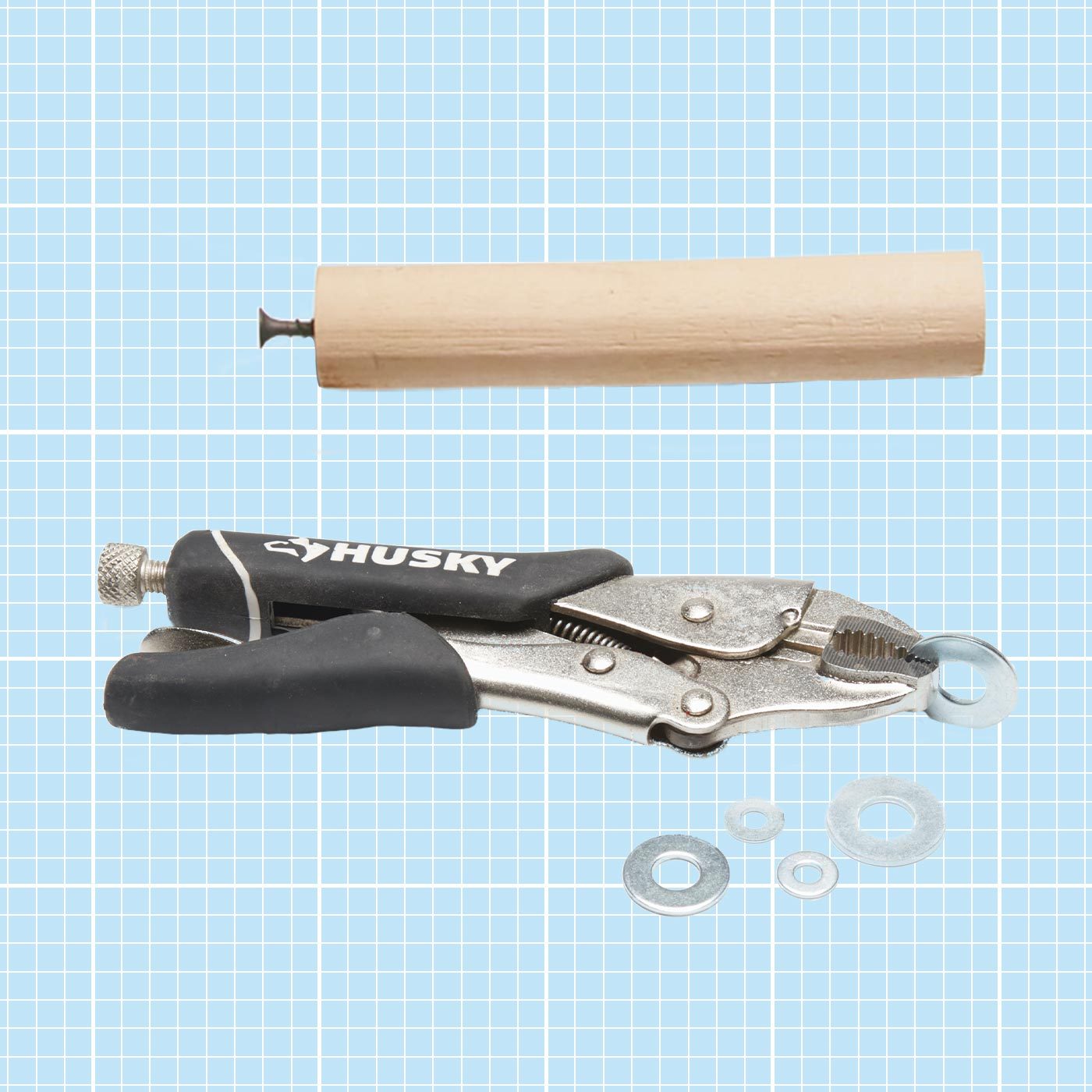 A piece of dowel with a drywall screw and pliers holding a washer