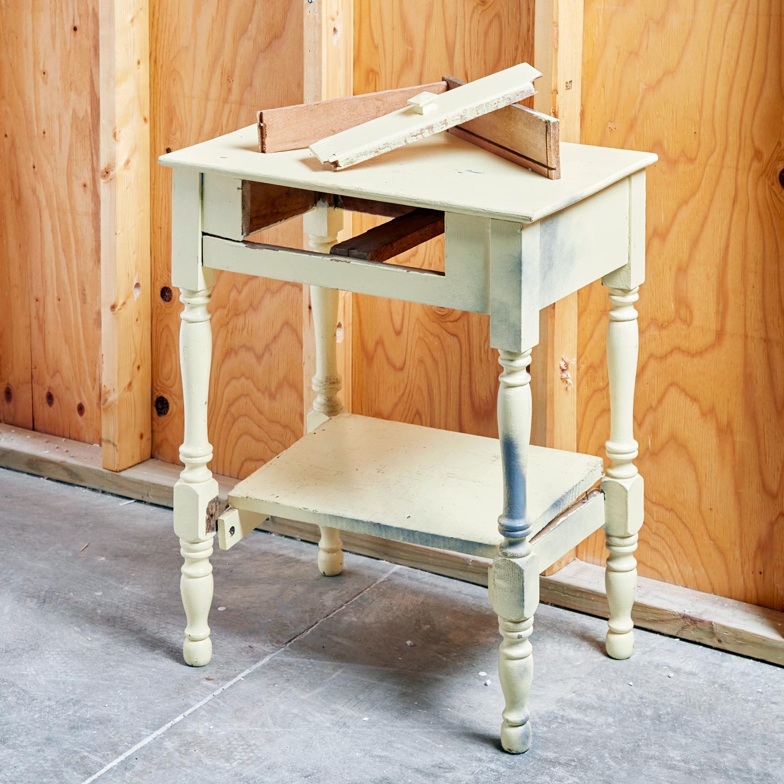 painted table In a workshop 