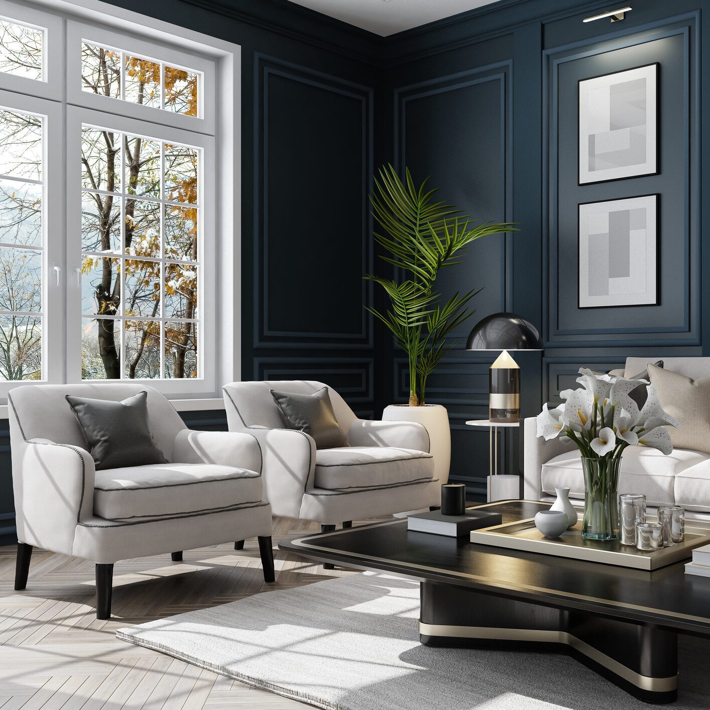 Elegant Neo-Classical Paris Luxury Style Living Room with Modern Blue Walls and White Furniture