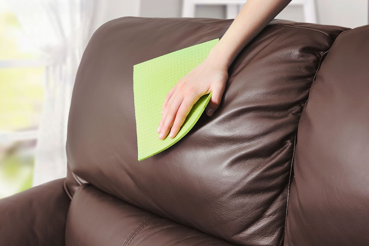 Leather sofa cleaning, woman's hand removes the dust with cloth from the firniture,clean the spot.